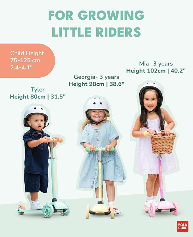 Teeny | 3 Wheel Mint Scooter for Kids & Toddlers Ages 3-6 Years | Flashing Wheels | Height Adjustable 53 to 70 cm | My First Scooter