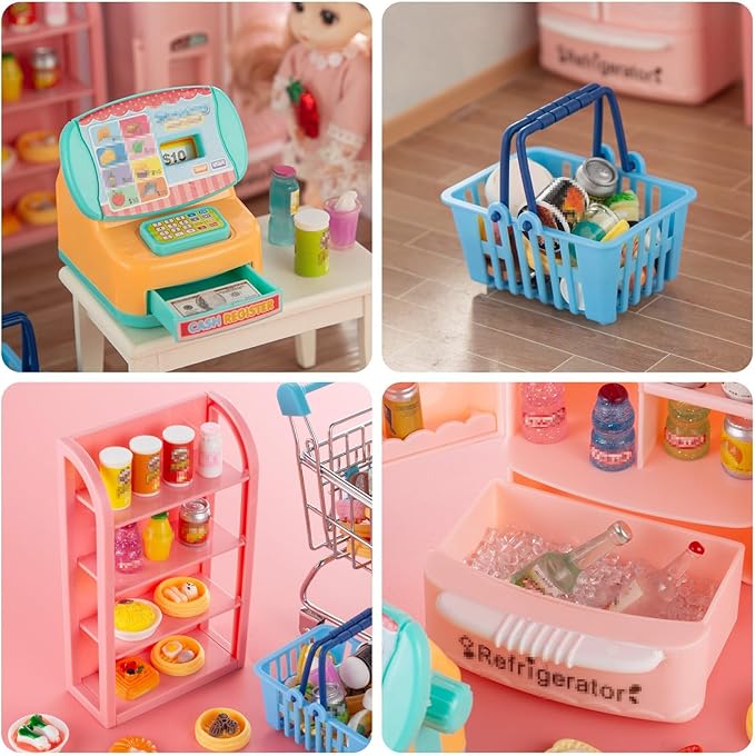 164Pcs Mini Shopping Cart Basket Miniature Food Drink Toy Supermarket Metal Handcart Trolley DollHouse Store Grocery Accessories Kitchen Play Game Party Model Shelves Cash Register Refrigerator Fridge