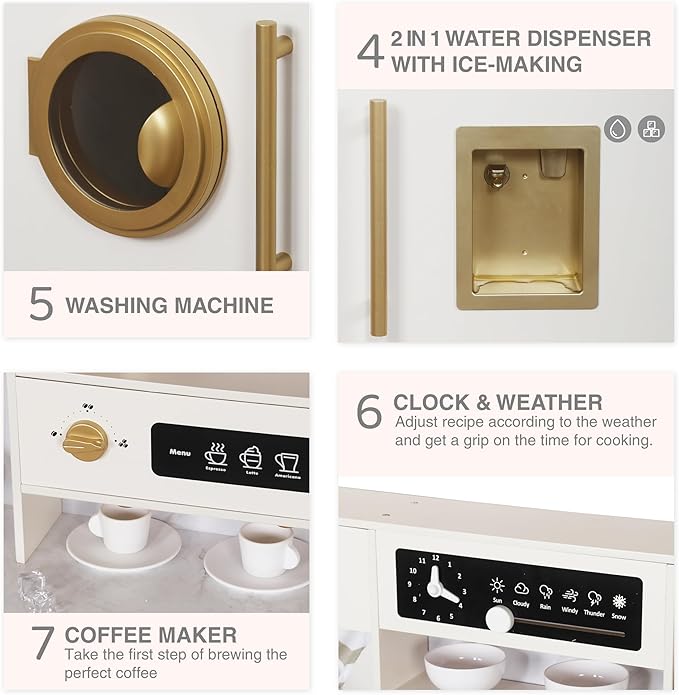 Wooden Play Kitchen Set with Ice Maker, Water Dispenser, Coffee Maker,Big Toddler Toy Kitchens Playset with Washing Machine,Sink with Running Water, Stove with Light&Sound,Gift for 3+boy Girl (White)