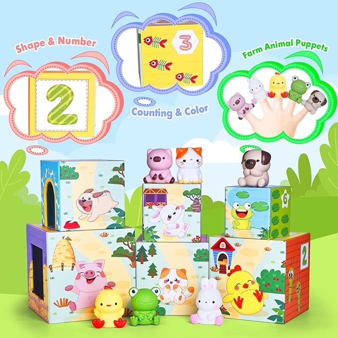 Toddler Farm Animal Sorting and Stacking Toys, Nesting Boxes and Blocks With Finger Puppets - Gifts for 1-3 Year Olds