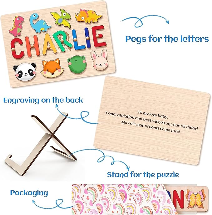 Baosity Personalized Name Puzzle for Kids, Custom Wooden Puzzles for Toddlers 1-3, Toddlers Kids Puzzle, 1st Birthday Gifts Boy Girl, Educational Baby Toys, Birthday Easter Christmas