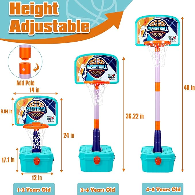 4 in 1 Toddler Basketball Hoop and T Ball Set - Adjustable Kids Basketball Goal Baseball Tee with Pitching Machine - Christmas Birthday Indoor Outdoor Sport Toy Games Gifts for Boys Girls Age 3-5
