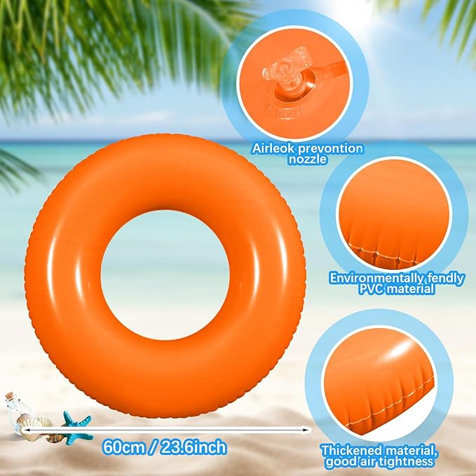 6 Pcs Inflatable Pool Floats 24 Inches Swim Tube Bulk Swimming Ring Pool Floaties for Beach Party Decorations Women and Men River Lake Summer Vacation Holiday (Orange)