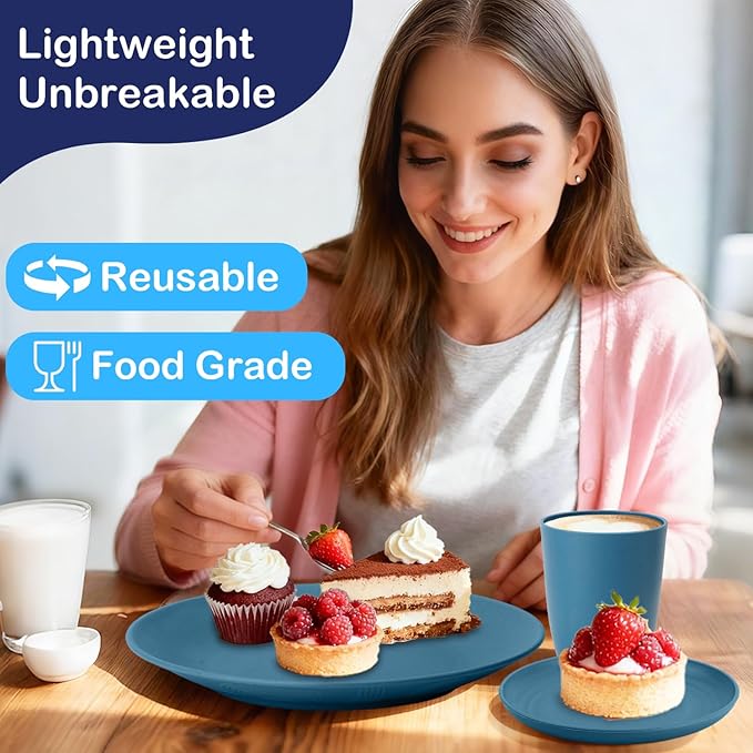 40-Piece Wheat Straw Dinnerware Sets,Unbreakable Dishes Set for 8 - Drinking Cups, Plates and Bowls Sets, Reusable Microwave Safe Dinnerware Set for Home, Outdooor, RVs - Blue