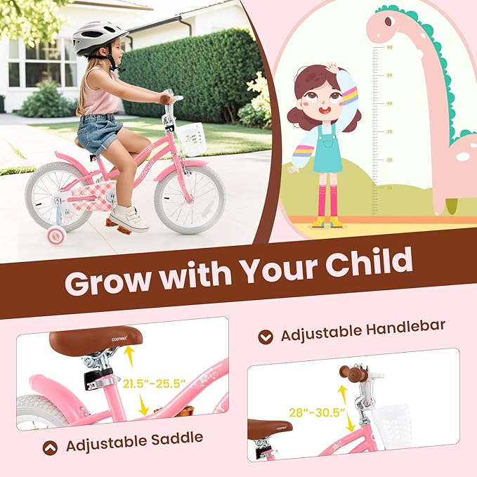 COSTWAY Kids Bike, 12 14 16 18 Inch Toddler Bike Children Bicycle w/Training Wheels, Hand & Coaster Brakes, Adjustable Saddle & Handlebar, Basket, Bell, Kids Bicycle for Girls Boys Aged 3-8 Years Old