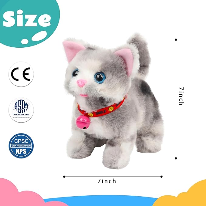Cuteoy Walking Grey Cat Stuffed Animal Talking Wagging Nodding Educational Plush Kitty Toy Electric Interactive Animated Plushies for Girls Boys Birthday, 7"