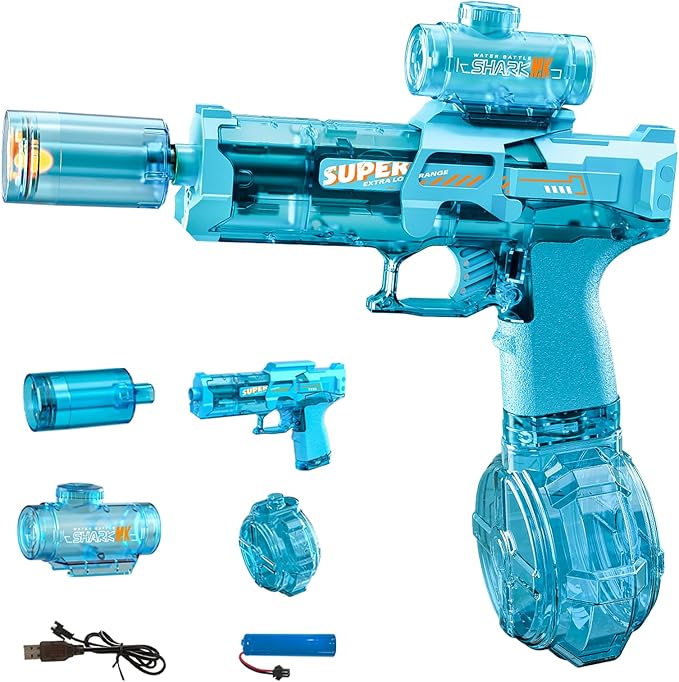 Electric Water Gun for Adults Kids, Automatic Squirt Watergun Pistol with Led Lights, Summer Outdoor Pool Beach Party Toys, Blue