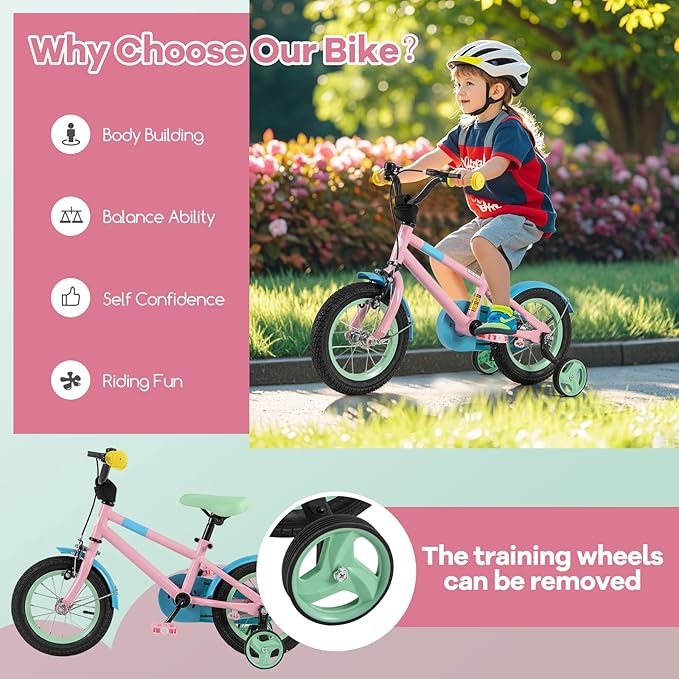 BABY JOY Colorful Macarons Kids Bike, 12 14 16 18 Inch Sporty Children's Bicycle with Training Wheels, Adjustable Handlebar & Saddle, Handbrake & Coaster Brake, Boys Girls Bike for 3-8 Years Old