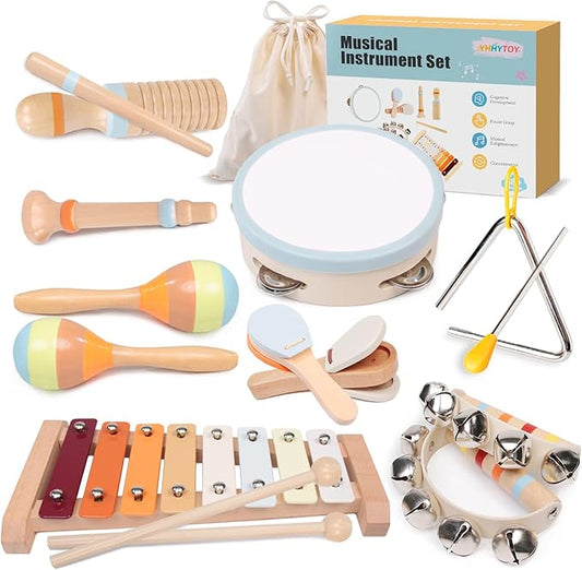 Baby Musical Instruments Set - Montessori Wooden 18 Month Old Baby Musical Toys, Toddler Percussion Instruments Xylophone Maracas Tambourine for Toddlers 1-3, Christmas stocking stuffers Gift for kids