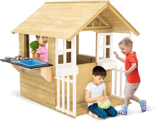 Outdoor Kids Kitchen Playset Wooden Playhouse for Kids - Toddler Pretend Play Kitchen, Accessories, Sturdy, Weatherproof, Door, Windows, Sink, Wood Burner Stencils, Easy Assembly, Ages 3+