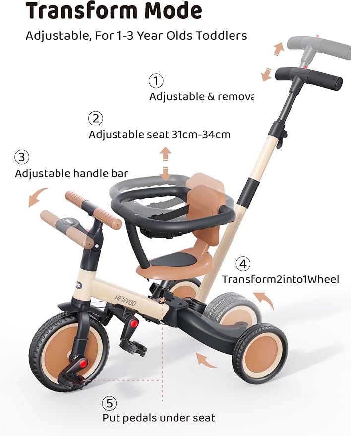 newyoo TR008 5 in 1 Toddler Tricycle with Push Handle for 1-3 Year Old Boys and Girls, Kids Push Trike with Safe Bar, Toddler Bike, Convert to Balance Bike, Birthday Gifts and Toys for Baby, Cream