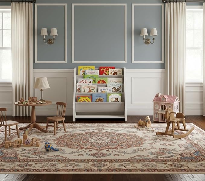 Baby Bookshelf Wood Montessori Kids Book Shelf Dutch Design 5Tier Scalloped,Milkywhite