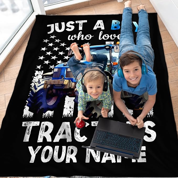 Personalized Tractor Blanket for Boys, Cute Farm Trucks Throw Blanket Gifts for Kids Teens Truck Lovers, 50x60 Inches Custom Name Black Soft Flannel Car Blankets for Couch