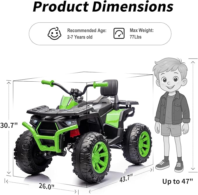 Kids ATV 4 Wheeler, 24V 4WD Electric ATV Ride On Toy for Big Kid with 2-Seater, 4x200W Motor - Green