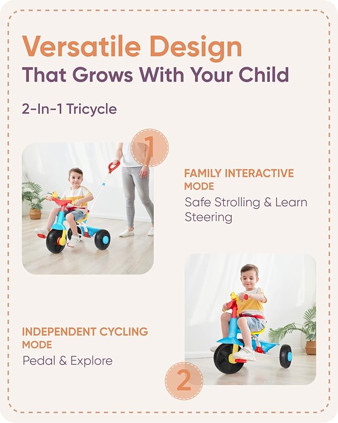 KRIDDO 2 in 1 Kids Tricycles Age 18 Month to 3 Years, Gift Toddler Tricycles for 2-3 Year Olds, Trikes for Toddlers with Push Handle and Duck Bell (Classic, EVA Wheel)
