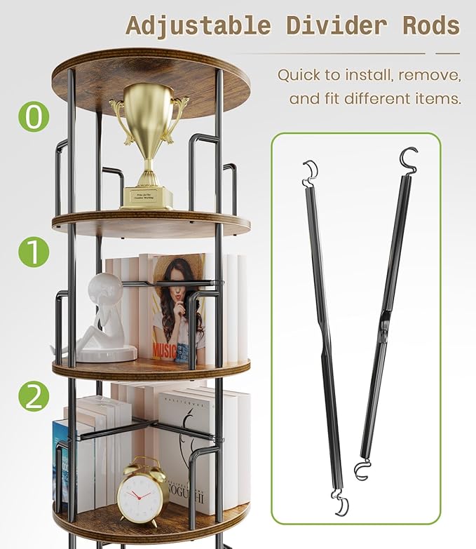 5 Tier Rotating Bookshelf Tower Round,Tall Floor Standing Spinning Bookshelf Tower Anti-Tipping Design,Metal & Wood Revolving Bookcase Stackable Space Saving for Small Spaces,Study,Living Room,Bedroom