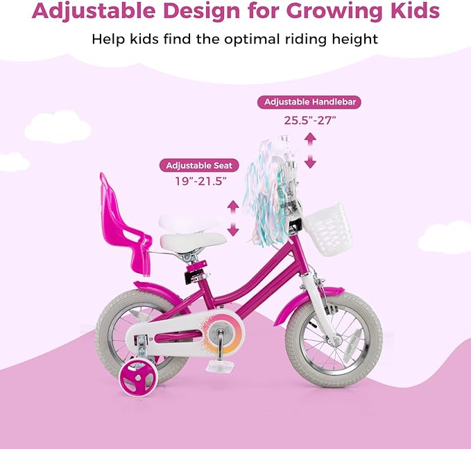 BABY JOY Kids Bike, 12 14 16 18 Inch Children Bicycle w/Detachable Training Wheels, Storage Basket, Adjustable Seat & Handlebar, Bow or Streamer, Girls Bike for 3-8 Years Old