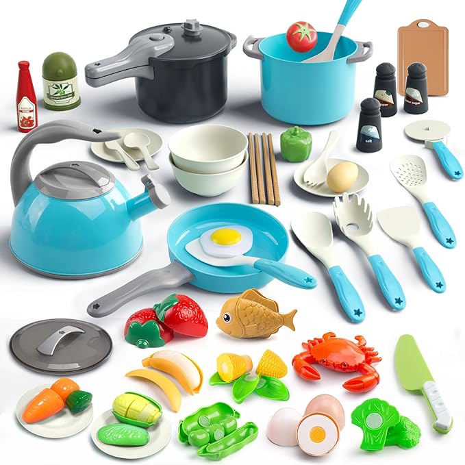 Bruvoalon 67Pcs Kids Play Kitchen Toys Set, Toddlers Pretend Cooking Playset Acccessories with Pots Pans, Utensils Cookware, Foods, Canned Veges, Learning Gift for Kids Girls Boys (Turquoise)