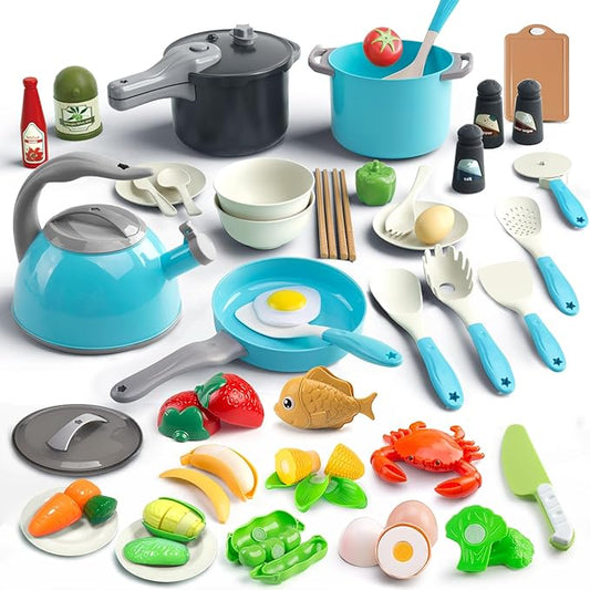 Bruvoalon 67Pcs Kids Play Kitchen Toys Set, Toddlers Pretend Cooking Playset Acccessories with Pots Pans, Utensils Cookware, Foods, Canned Veges, Learning Gift for Kids Girls Boys (Turquoise)