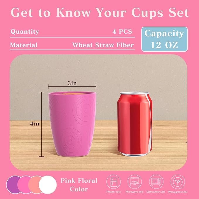 Homienly Drinking Glasses Wheat Straw Cups, Water Cup Set of 4, Reusable Cups, Unbreakable Plastic Drinking Cup, Dishwasher and Microwave safe, Cups for Kids - Flower Color