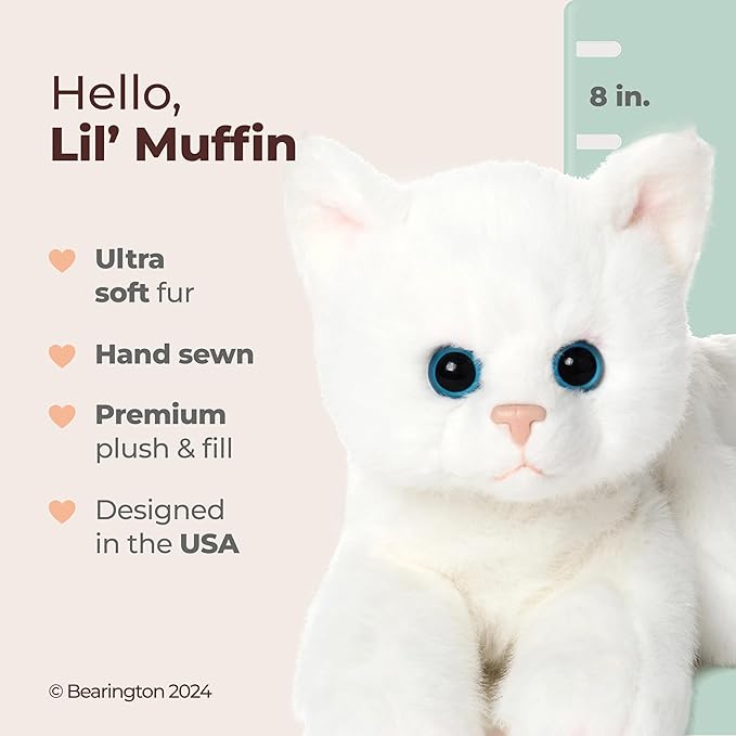 Bearington Lil' Muffin Small Plush Stuffed Animal White Cat, Kitten 8 inch