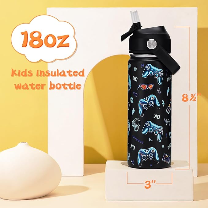 18oz Kids Insulated Water Bottle with Straw Lid - 18/8 Stainless Steel Kid Cup BPA-FREE Travel Tumbler Double Wall Vacuum Leak Proof Portable Toddler Water Bottle (Game)