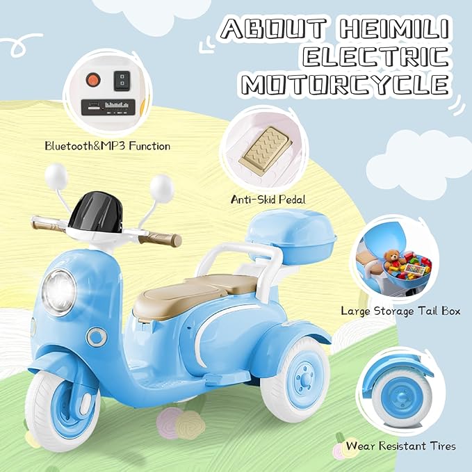 HEIMILI Kids Electric Motorcycle,Electric Scooter for 3 Year Old, Girls Toy, 3-Wheel 12V Ride On Scooter for Kids with Storage Compartments, Motorcycle for Girls (Blue)