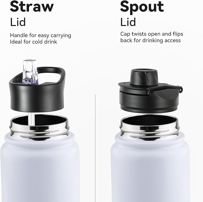 24oz Insulated Water Bottle with Straw Lid, Stainless Steel Metal Water Bottle with Straw & Wide Mouth Lid, Double Wall Vacuum Water Bottle for Hiking Camping, White 4 Pack