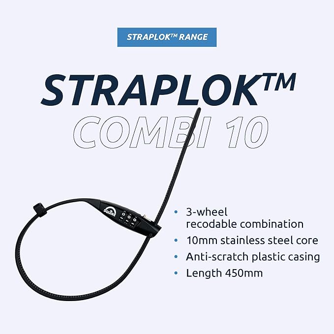 Squire Bike Locks STRAPLOK™ Combi 10 - Ultra-Lightweight Multi-Functional Zip-Tie Style Café Bike Lock with 10mm Stainless Steel Core, 450mm Length, 3-Wheel Recodable Combination