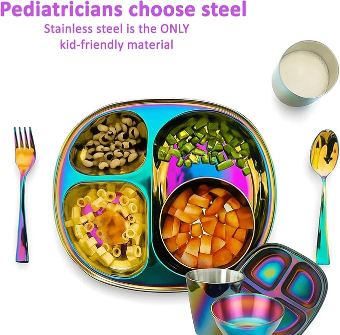 6pc Stainless Steel Kids Plates Set with Fork & Spoon, 2 Piece Divided Non-Toxic Stainless Steel baby Plates & Bowls, Pediatrician Designed, Dishwasher Safe Kids Utensils and Glass (Rainbow)