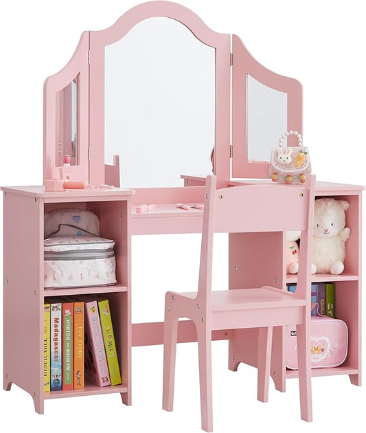 2 in 1 Kids Vanity Set, Princess Makeup Vanity Storage Cabinet with Detachable Top, Girls Vanity Set with Tri-fold Mirror for Age 3-9 (Pink with Chair)