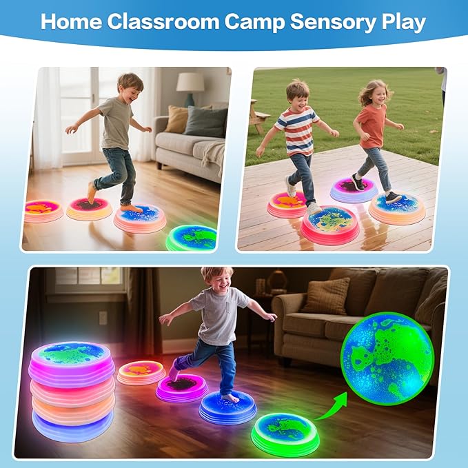 Light Up Liquid Stepping Stones - 4 Non-Slip Stepping Stones, Each with 7 LED Light Colors, Indoor Obstacle Training Balancing Stepping Stone Toys for Kids Ages 3 and Up.