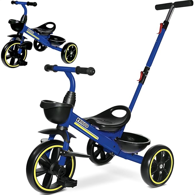 KRIDDO 2-in-1 Toddler Tricycle for Ages 18 Months to 5 Years Old - Extended Push Handle for Effortless Push, Gift Trike for Toddler 3 to 5 Year, Kids Tricycle with Foldable Front Footrest, Blue