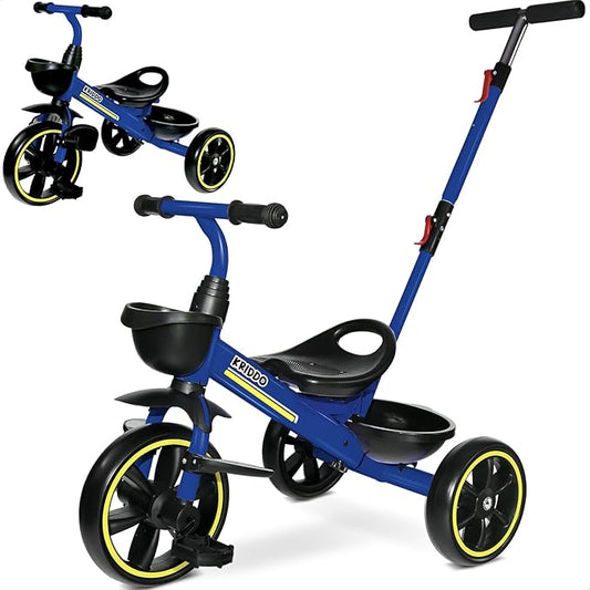 KRIDDO 2-in-1 Toddler Tricycle for Ages 18 Months to 5 Years Old - Extended Push Handle for Effortless Push, Gift Trike for Toddler 3 to 5 Year, Kids Tricycle with Foldable Front Footrest, Blue