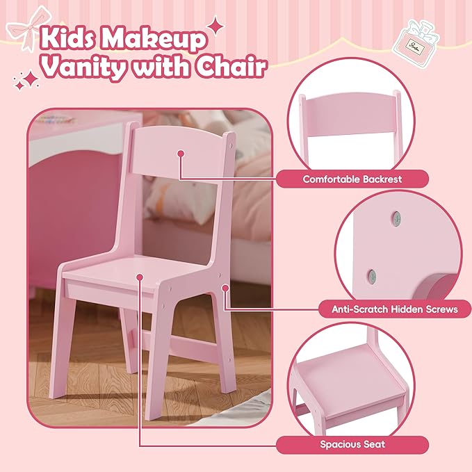 MU Kids Vanity with Lights, Princess Makeup Vanity Table and Chair Set for Girls, Toddler Vanity Desk with Open Bookshelf, Storage Cabinet & Shelves, Stools, Pink