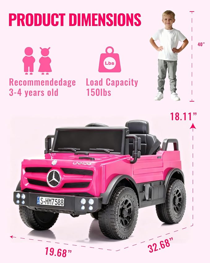 12V Ride on Car for Kids, Licensed Mercedes-Benz Unimog w/Parent Remote Control, LED Headlights, Music Player & Horn for 3-7 Years Toddler, Pink