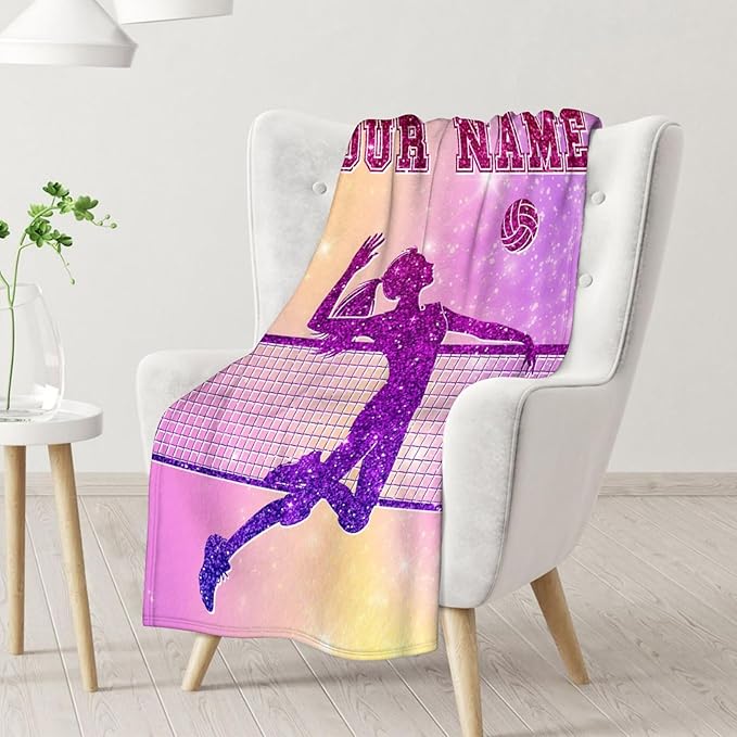 Custom Volleyball Blanket Gifts for Girls- 30x40 Inches Sport Throw Blanket for Babies Kids- Personalized Pink Soft Fuzzy Nap Blankets for Couch Sofa Bed