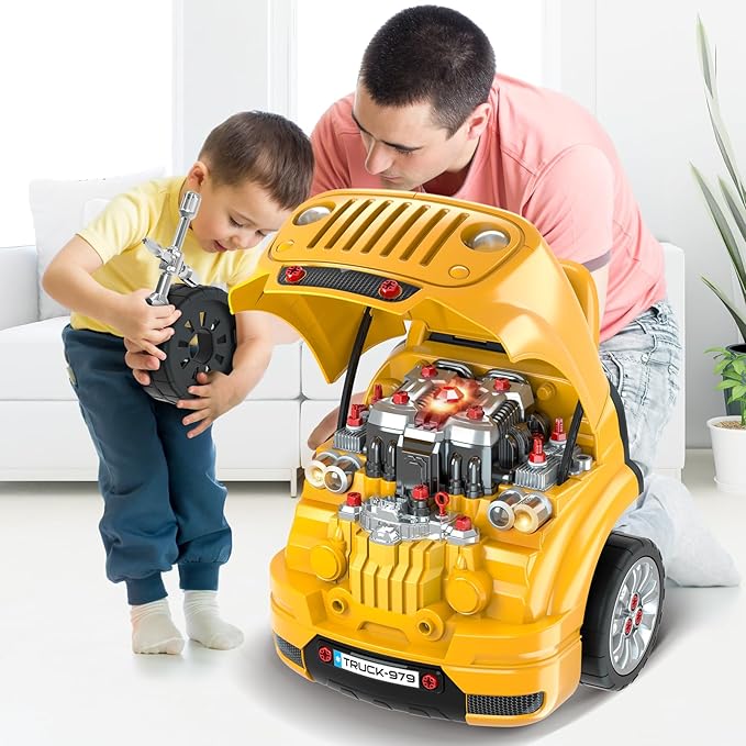 SpringFlower Toys Gifts for 3 4 5 6 7 8 Years Old Boys, Large Truck Engine, Mechanic Repair Set for Kids, Big Truck Builder Kit, Take Apart Motor Vehicle Play Car Service Station, for Kids