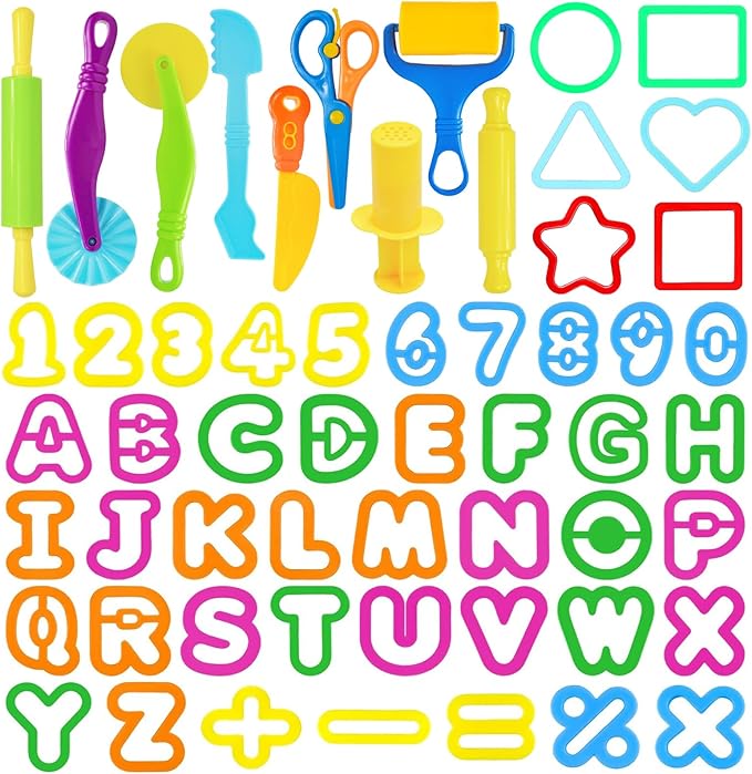 Playdough Tool Set, 56 Pcs Play Dough Tools Sets for Kids Ages 4-8, Playdough Accessories Includes Alphabet Numbers Shapes, Cutters Roller, Rolling Pins, Safety Scissors, Plastic Knife