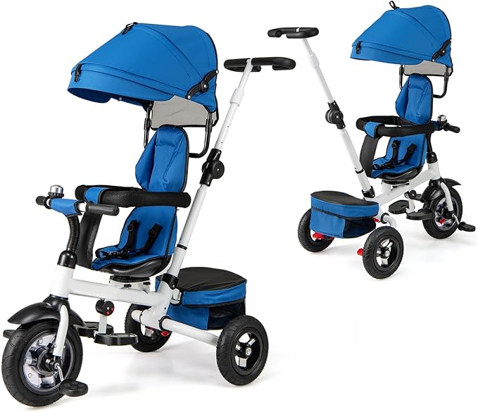 Costzon 5-in-1 Folding Kids Tricycle with Adjustable Push Handle & Canopy, Reversible Seat and Safety Harness, Push Trike with Storage for Toddler Aged 1-5 Years Old, Blue/Gray/Pink