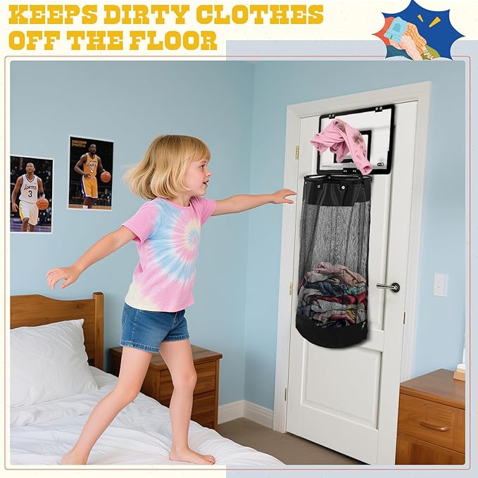 2-in-1 Over the Door Basketball Laundry Hamper and Basketball Hoop, Durable Hanging Sports Laundry/Clothes Basket with Hoop and a Bottom Zipper for Kids Teen Bedrooms, Dorm Rooms, Bathroom