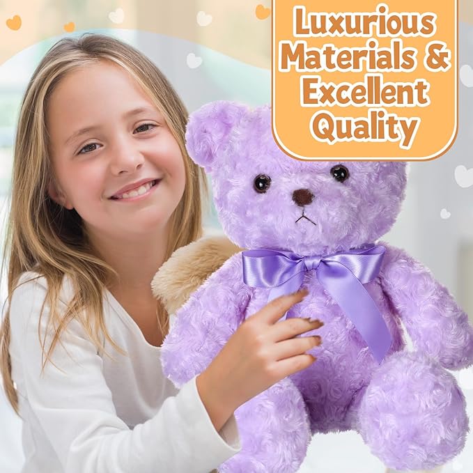 16 Inches Girl's First Bear Plush Stuffed Cute Bear Soft with Bow Plush Animal Toys for Girl Girlfriend Baby Shower Birthday Gifts Valentine Gifts(Purple)