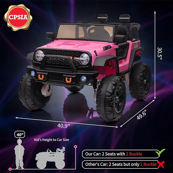 2 Seats 24V Kids Ride on Truck with Remote Control, Battery Powered Electric Ride Car Toy for 3-8 Years, 4 Motors,20" Seat Width for 2 Seaters, LED Light,Music,High/Low Speeds,Shovel, USB (Pink)