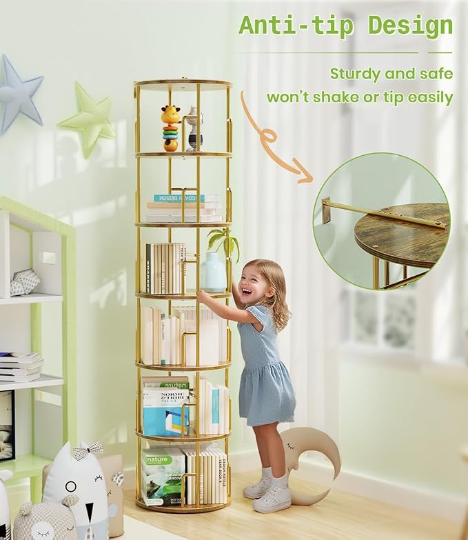 6 Tier Rotating Bookshelf Tower Round,74” Tall Spinning Bookshelf Tower Anti-Tipping Design,Metal & Wood Standing Revolving Bookcase Stackable Space Saving for Small Spaces,Study,Living Room,Bedroom