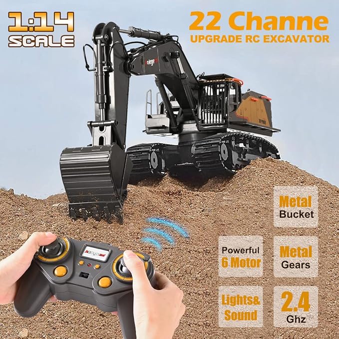 kolegend Remote Control Excavator Toy 1/14 Scale RC Excavator, 22 Channel Upgrade Full Functional Construction Vehicles Rechargeable RC Truck with Metal Shovel and Lights Sounds