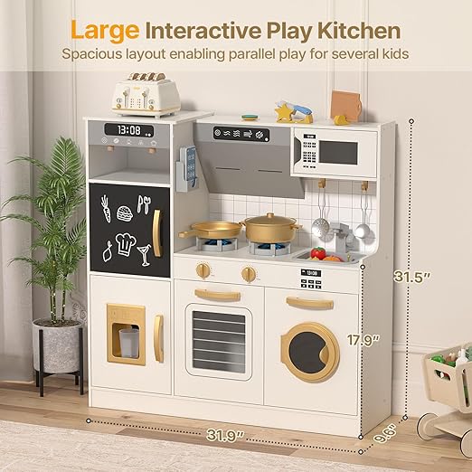 BIERUM Play Kitchen - Kids Kitchen Playset with Realistic Lights & Sounds, 28 Pcs Toy Food & Cookware Accessories, Plenty of Play Features, Idea Gift for Boys and Girls Ages 3+