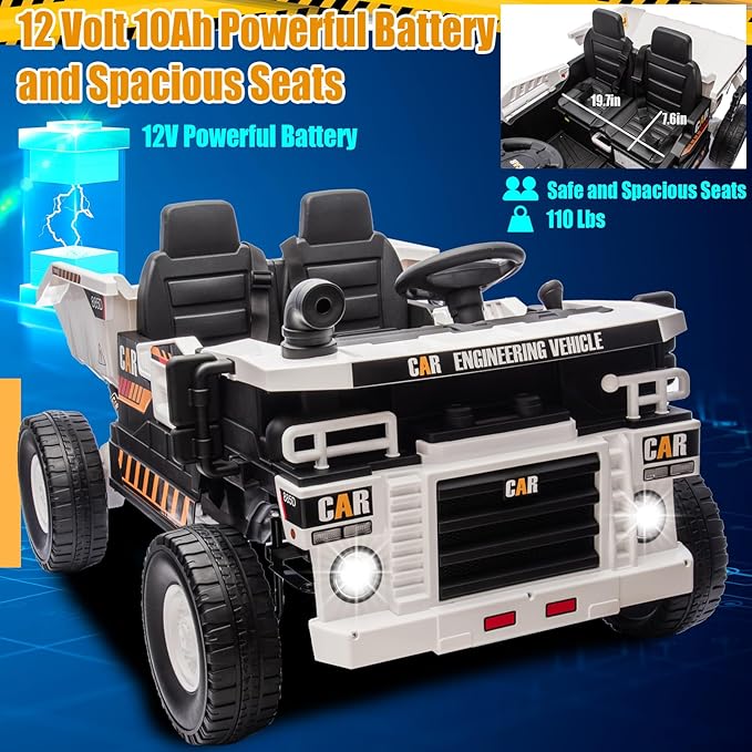 12V 10AH 2-Seater Kids Ride on Truck Electric Toy Car with Electric Dump Bed, Parents Remote Control Kids Car Tractor Toys Ride-on Dump Truck for Boys and Girls Ages 3+, White