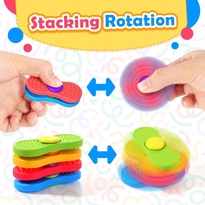 Sensory Fidget Spinnes for Kids Adults：Textured Finger Fidgets 4 Pack, Quiet Classroom Prize, Worry Stones for Kids with Autism ADHD, Anxiety Relief Office Desk Stress Toys Stocking Stuffers