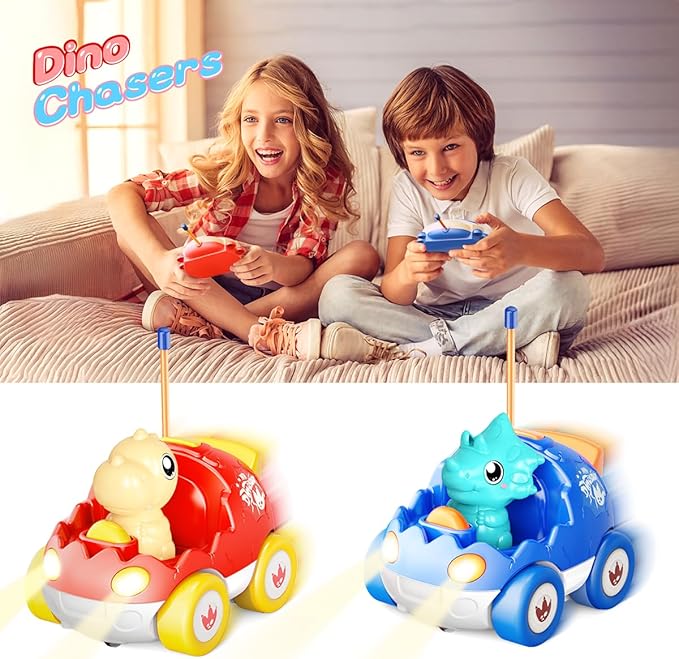 2 Pack Dinosaur Remote Control Cars Toys for Kids 2 3 4 5 6 Years Old, Christmas Birthday Gifts for Boys and Girls Ages 2-6, Dino Race Car Toddlers Toys with Music and Light(Red Blue)