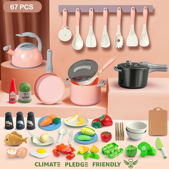 Bruvoalon 67Pcs Kids Play Kitchen Toys Set, Toddlers Pretend Cooking Playset Acccessories with Pots Pans, Utensils Cookware, Foods, Canned Veges, Learning Gift for Kids Girls Boys (Pink)
